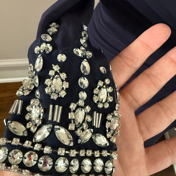 Mac Duggal Navy Beaded Cuff Drop Shoulder Faux Wrap Gown Size 4 $398 - Picture 8 of 11